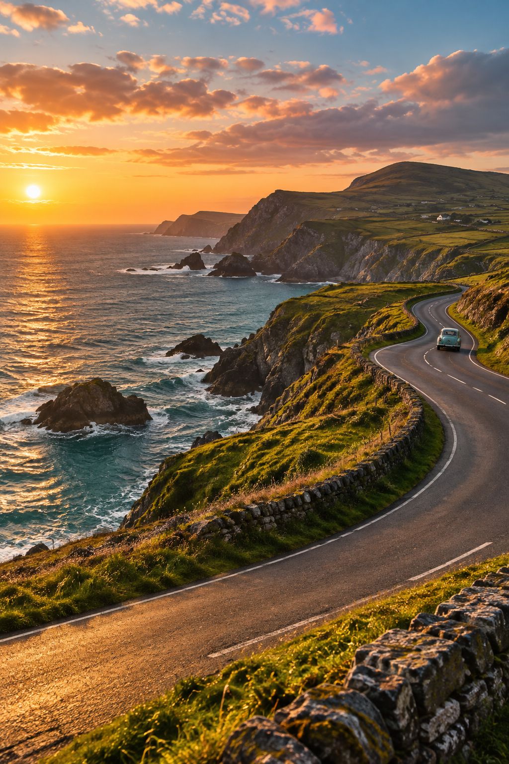 Coastal road at sunset, edited in Lighthaven
