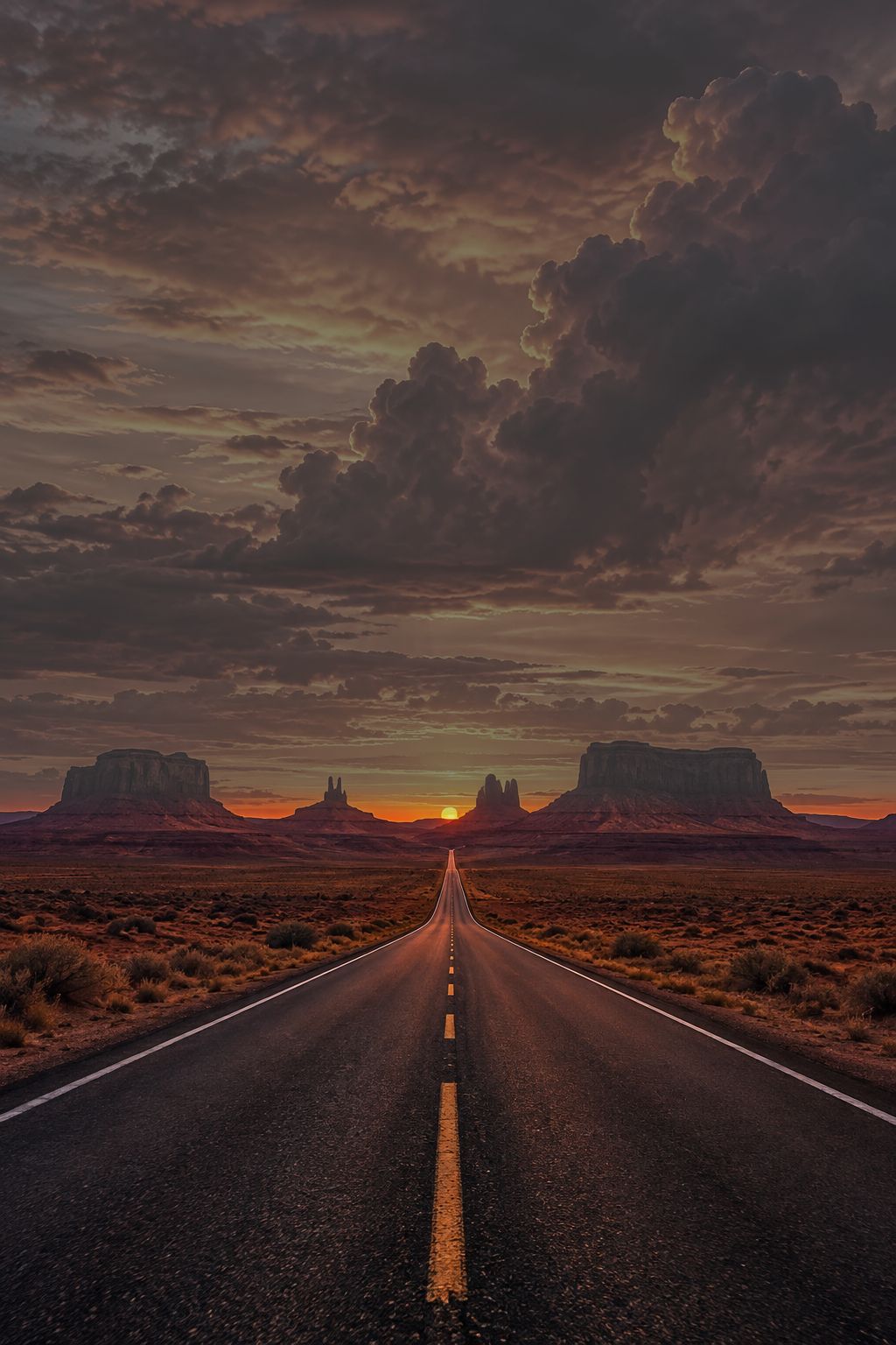 Desert road under a dramatic sky, straight from the camera