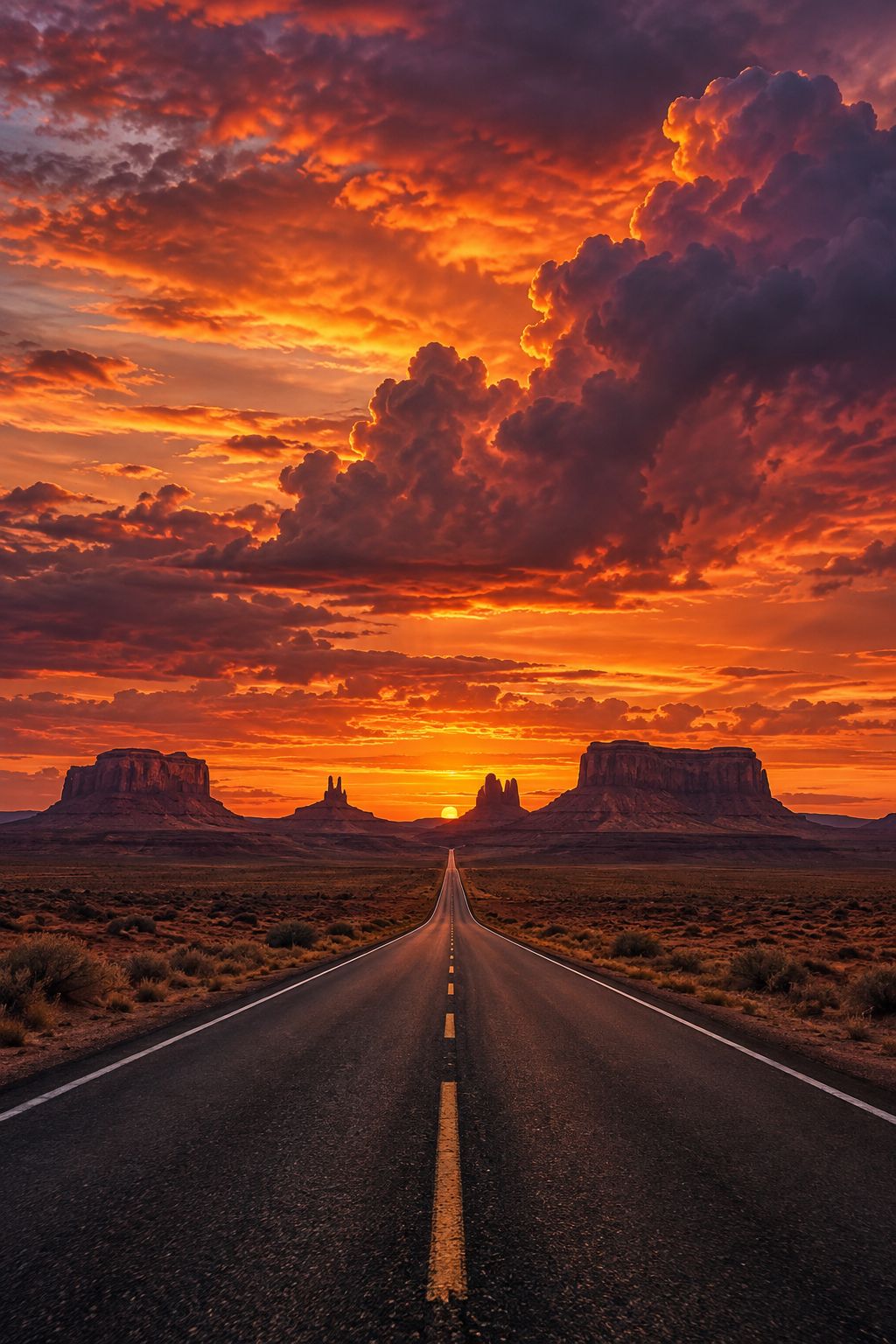 Desert road under a dramatic sky, edited in Lighthaven
