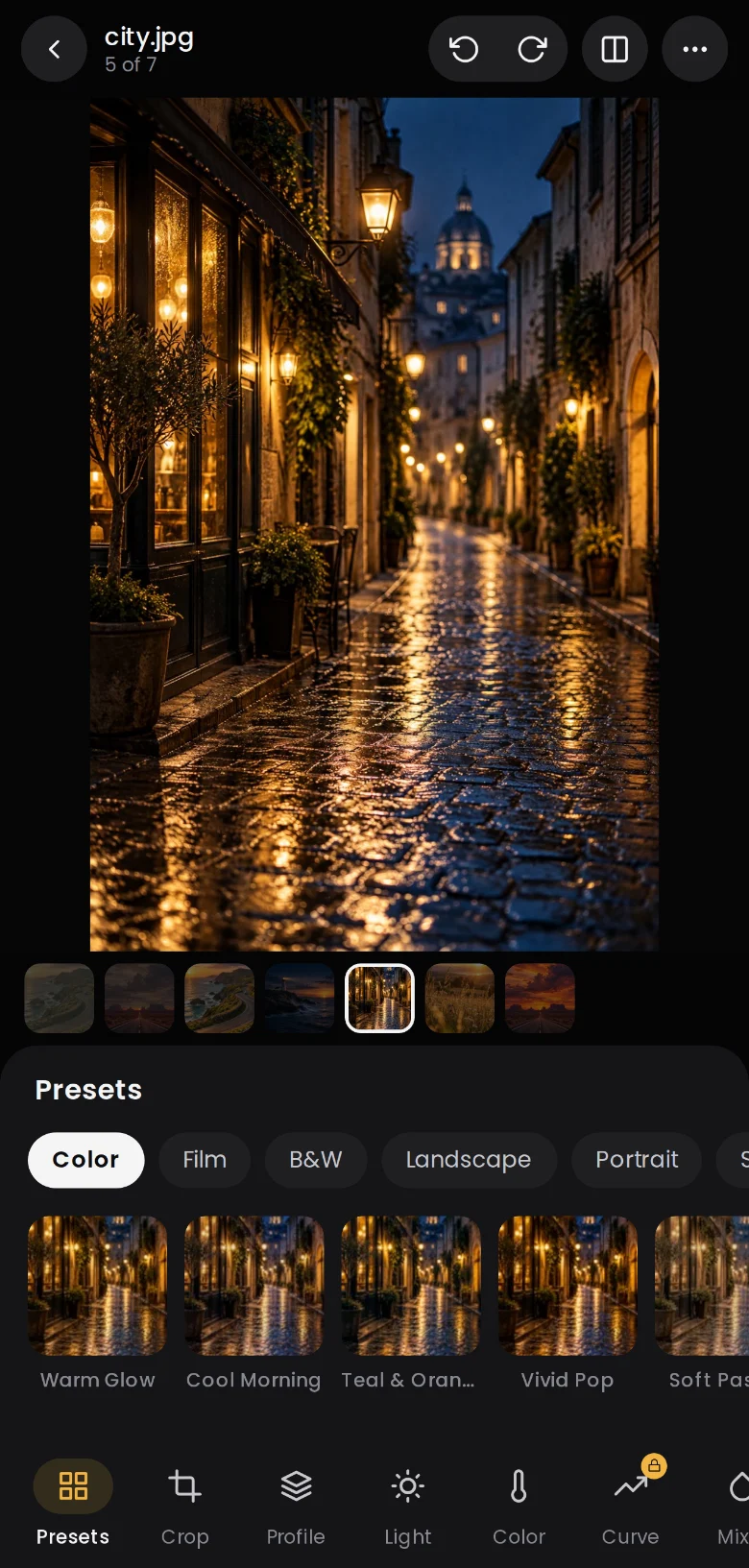 Presets previewed live on a city photo
